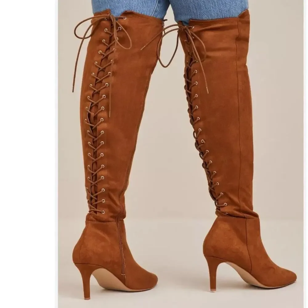 Torrid 10WW Cognac Brown Faux Suede Lace Up Over The Knee Boots Wide Calf‎